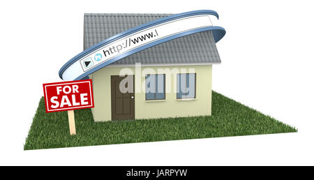 ein Haus mit einer Web-Adresse-Bar und ein Schild mit Text: zum Verkauf, Konzept der Immobilien im Web (3d Render) Stockfoto