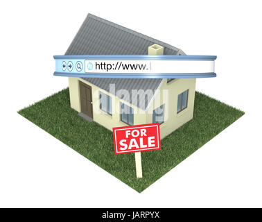 ein Haus mit einer Web-Adresse-Bar und ein Schild mit Text: zum Verkauf, Konzept der Immobilien im Web (3d Render) Stockfoto