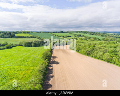 Luftaufnahme der bewirtschafteten Flächen mit Acker, grüne Weide, Weizenfelder, auf einer Kante von einem kleinen Wald, in einem englischen Landschaft. Stockfoto