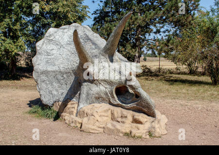 Prähistorische Dinosaurier Triceratops fossile Schädel Modell im Freien. Stockfoto