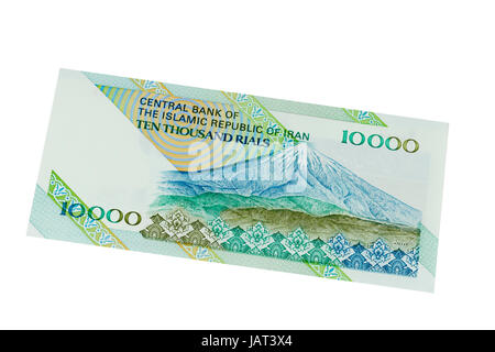 Iranischer Rial zehntausend Banknote auf weißem Hintergrund Stockfoto