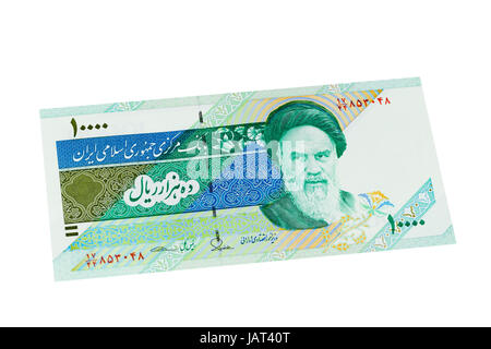 Iranischer Rial zehntausend Banknote auf weißem Hintergrund Stockfoto