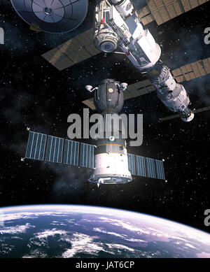 Raumschiff bereitet Dock mit der internationalen Raumstation ISS. 3D Illustration. Stockfoto