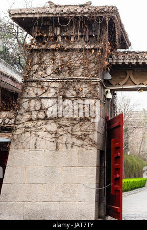 Reisen Sie nach China - Tor am Bahndamm Yi River chinesische buddhistische Monument Longmen Grotten (Dragon es Gate Grotten, Longmen Grotten) im Frühjahr Stockfoto