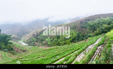 Reisen Sie nach China - Blick auf terrassierten Nassreis Betten aus Tiantouzhai Dorf im Bereich Dazhai Longsheng Reisterrassen (Dragon es Rückgrat Terrasse, Longji Ri Stockfoto