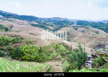 Reisen Sie nach China - Ansicht von Terrassenfeldern und Häuser der Ortschaft Tiantouzhai in Dazhai Longsheng Reisterrassen (Dragon es Rückgrat Terrasse, Longji Stockfoto