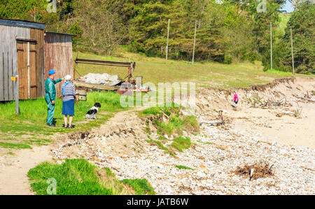 Simrishamn, Schweden - 19. Mai 2017: Ökologische Dokumentarfilm. Personen suchen in erodierten Strand. Erosion hat große Teile der Erde ins Meer entfernt. Stockfoto