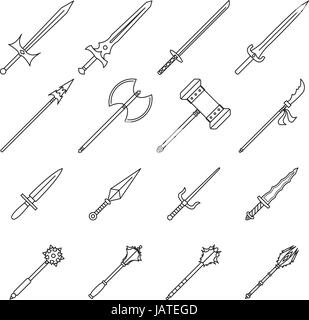16 Einfach zu bedienende Waffe Zeile für Symbole entwickelt, scharfkantigen Waffen für geschlossene bekämpfen Stock Vektor
