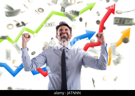 Glücklich Kaufmann mit einem exponentiellen Wachstum gewinnen Statistiken Stockfoto