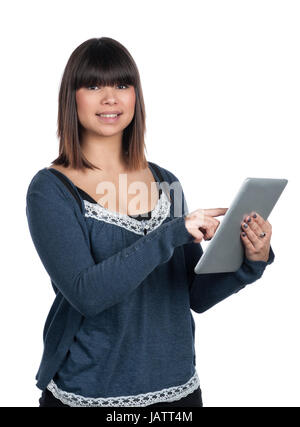 Freigestelltes Foto Einer Jungen Frau, sterben Ein Tablet Stammlager Stockfoto