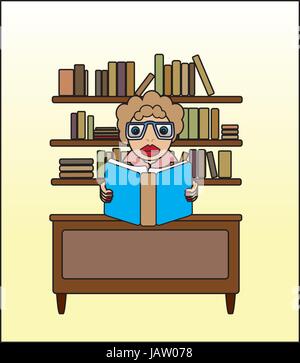 Bibliothekar in Bibliothek Illustration Vektor sitzen Stock Vektor