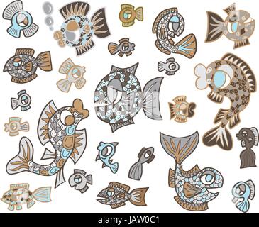 Handgezeichnete bunte Fische leben im Meer Stock Vektor