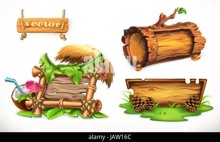 Urlaub im Sommer, ein Holzschild für ein Sommercamp für Beach-Party genutzt werden. 3D Vektor set mit Holz Banner Stock Vektor