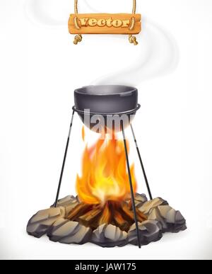 Topf über dem Lagerfeuer. Camping, outdoor-cooking. 3D Vektor icon Stock Vektor