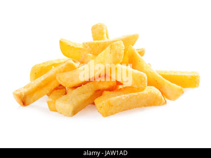 Haufen von goldenen knusprig gebratene Kartoffelecken oder Pommes frites für einen Fast-Food-Imbiss auf weißem Hintergrund Stockfoto