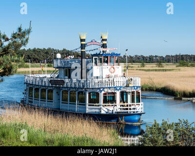 Sightseeing-Boot in der Nähe von Prerow Hafen, Segeln auf Prerowstrom (oder: Prerower Strom), Ostsee, Halbinsel von Fischland-Darß-Zingst, Mecklenburg-Vorpom Stockfoto