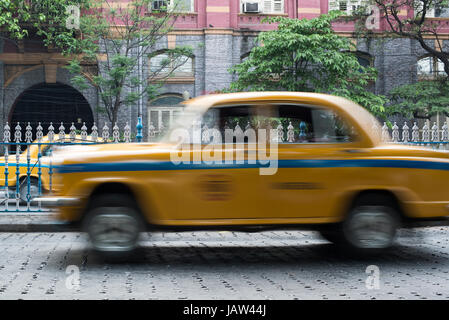 Ein ikonisches gelbes Taxi fährt auf einer Straße in Kolkata (Kalkutta), Westbengalen, Indien Stockfoto