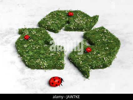 Recycling-Zeichen bedeckt von Rasen und Blumen mit drei Marienkäfer drauf und ein großer darunter, alles auf einer weißen und grauen abstrakte Boden Stockfoto