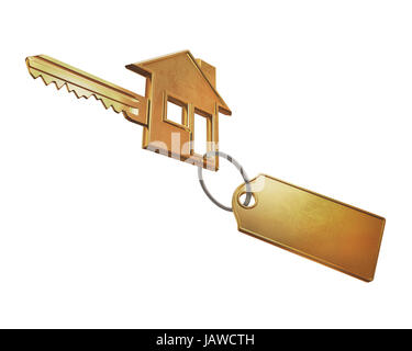 Goldene Schlüssel, geformt wie ein Haus und einen Schlüsselbund No-Name für das Logo. Stockfoto