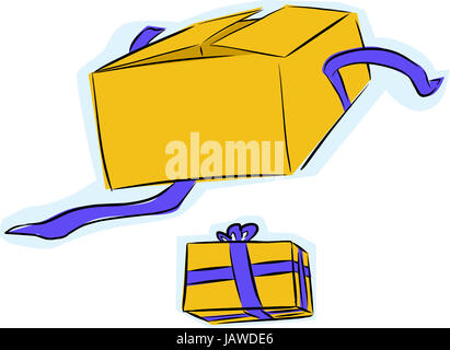 Unverpackte Geschenkbox mit einem verpacktes Geschenk-Box auf weißem Hintergrund Stockfoto