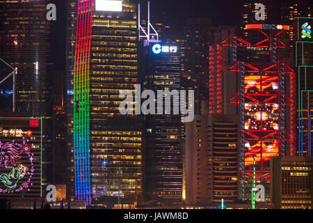 Lichtshow auf Wolkenkratzer, Central, Hong Kong Island, Hongkong, China Stockfoto