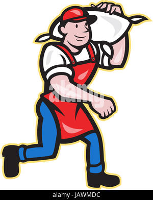 Abbildung eines Mehl Miller Arbeitnehmers Schürze Lätzchen tragen Mehlsack auf Schulter gehen auf isolierten weißen Hintergrund im Cartoon-Stil tragen. Stockfoto