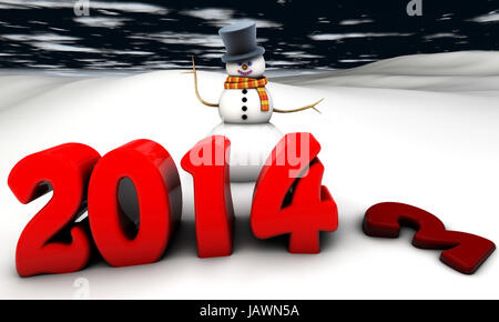 Szene mit Schneemann begrüßen das neue Jahr 2014 in 3d gemacht Stockfoto