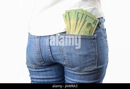 Einen Haufen Geld an eine Frau Jeans Gesäßtasche Stockfoto