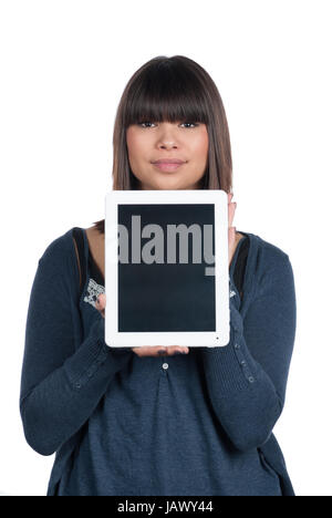 Freigestelltes Foto Einer Jungen Frau, sterben Ein Tablet weitergeleitet Stockfoto