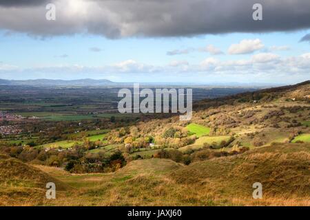 Blick vom Cleeve Common in der Nähe von Cheltenham, Gloucestershire, England. Stockfoto