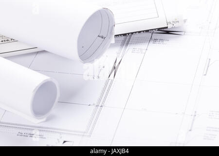 Architektur Werkzeug Stift lineal Messzirkel Objekte Auf Einem Bauplan Bauplan papier detail Stockfoto