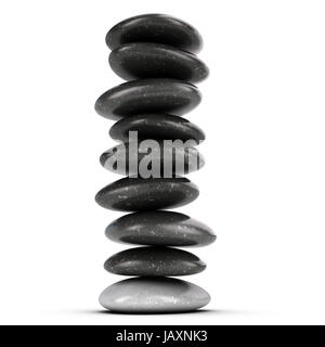 Neun Kieselsteine gestapelt auf weißem Hintergrund, Ausgleich von Steinen. 3D render Symbol für Meditation und Zen. Stockfoto