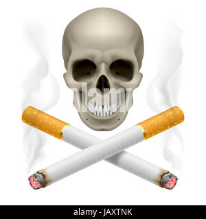 Schädel mit brennenden überquerte Zigaretten als Symbol Rauchen Gefahren. Stockfoto