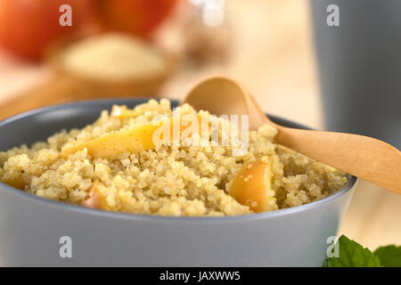 Quinoa-Porridge mit Apfel und Zimt, die einem traditionellen peruanischen Frühstück (selektiven Fokus, Fokus auf die Apple-Scheibe in der Mitte den Brei) Stockfoto