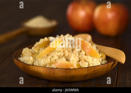 Quinoa-Porridge mit Apfel und Zimt, die einem traditionellen peruanischen Frühstück, serviert auf Holzplatte (selektiven Fokus, Fokus, ein Drittel in den Brei) Stockfoto