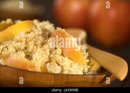 Quinoa-Porridge mit Apfel und Zimt, die einem traditionellen peruanischen Frühstück, serviert auf Holzplatte (selektiven Fokus, Fokus, ein Drittel in den Brei) Stockfoto