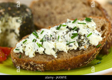 Scheibe Vollkornbrot mit Ziegenkäse mit Kräutern mit Schnittlauch obendrauf (selektiven Fokus, Fokus auf der Vorderseite des Käses) verteilt Stockfoto