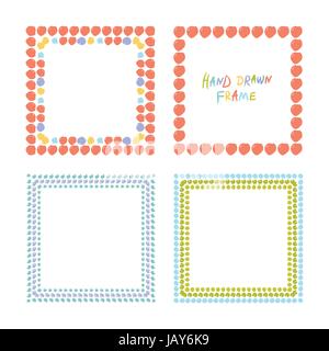 Abstrakte bunte handgezeichnete Bilder eingestellt. Vier quadratischen Vektor-Grenzen mit Kreis Pinselstriche. Cartoon-Stil Stock Vektor