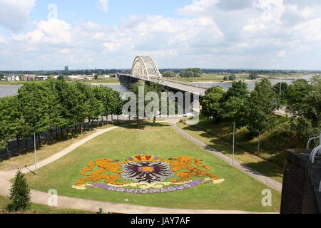 Blick über den Fluss Waal mit Waalbrug Bogenbrücke (1936), Nijmegen, Gelderland, Niederlande. Gesehen von Valkhof / Belvédère. Wappen der Stadt in den Blumen. Stockfoto