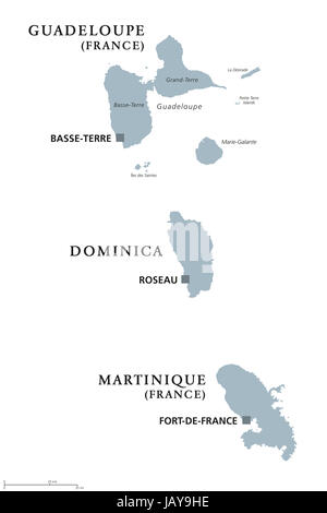 Guadeloupe, Dominica, Martinique politische Karte mit Hauptstädten Basse-Terre, Roseau und Fort-de-France. Karibische Inseln, Teile der kleinen Antillen. Stockfoto