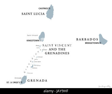 Barbados, Grenada, St. Lucia, St. Vincent und die Grenadinen politische Karte. Inseln der Karibik, Teil der kleinen Antillen und Windward-Inseln. Stockfoto