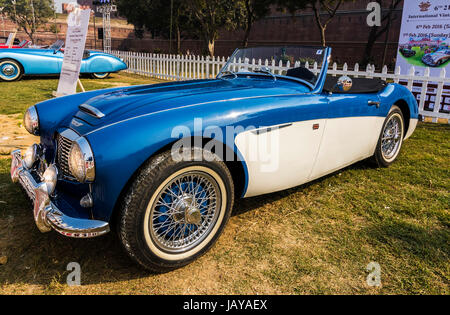 Neu-Delhi, Indien - 6. Februar 2016: Seitenansicht eines schönen britischen Retro-Austin-Healey 3000 Oldtimer Autos auf dem Display an der 21 Gun Salute Internatio Stockfoto
