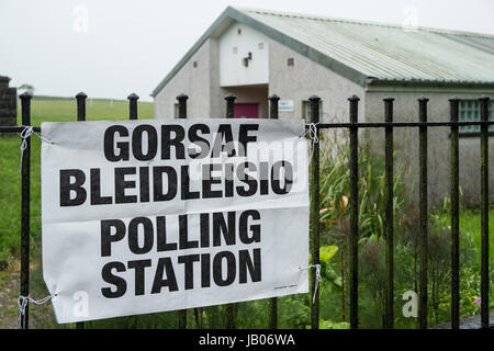 Schrullig, polling Station, Llansaint, West Wales, UK. 8. Juni 2017. UK General Election.Wales. Polling-Station mit zweisprachigen Beschilderung im Dorfsaal, hat die auch Toiletten/öffentliche Bequemlichkeit im Dorf von Llansaint in Carmarthenshire. Hier sind Stimmen in Carmarthen East und Dinefwr Wahlkreis West Wales, Wales, U.K Donnerstag, Morgen, 8. Juni 2017 Credit: Paul Quayle/Alamy Live News Stockfoto