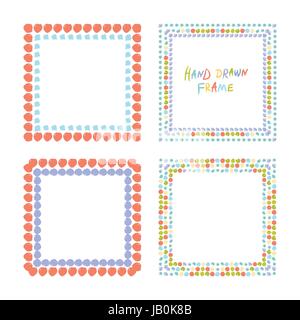 Abstrakte bunte handgezeichnete Bilder eingestellt. Vier quadratischen Vektor-Grenzen mit Kreis Pinselstriche. Cartoon-Stil Stock Vektor