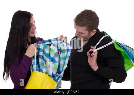 Ein Junges Pärchen Beim Einkaufen von Kleidung Oder Klamotten Mit Einkaufstaschen Stockfoto