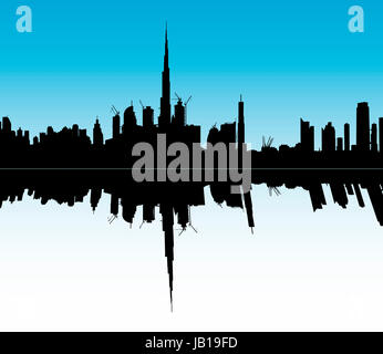 Silhouette von Dubais Skyline mit blauem Himmel, reflektiert auf einem blauen Vorgrund, Stockfoto