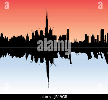 Illustration der Silhouette von Dubais Skyline mit einem orangefarbenen Himmel, reflektiert auf einem blauen Vorgrund Stockfoto