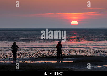 Menschen den Sonnenuntergang betrachten, Wattwanderungen, senken sächsischen Nationalpark Wattenmeer, Cuxhaven, North Sea, Niedersachsen, Deutschland Stockfoto