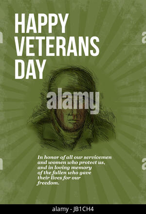 Grußkarte-Plakat mit Hand skizzierte Darstellung eines Zweiter Weltkrieg Soldaten nach vorne im retro-Stil mit Worten glücklich Veterans Day. Stockfoto