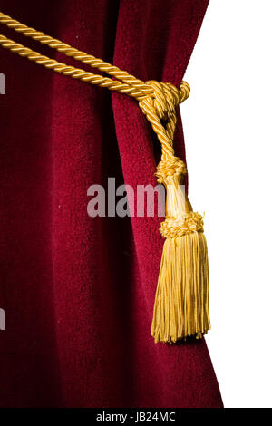 Roter Samtvorhang mit Quaste. Hautnah weiße isoliert Vorhang Stockfoto